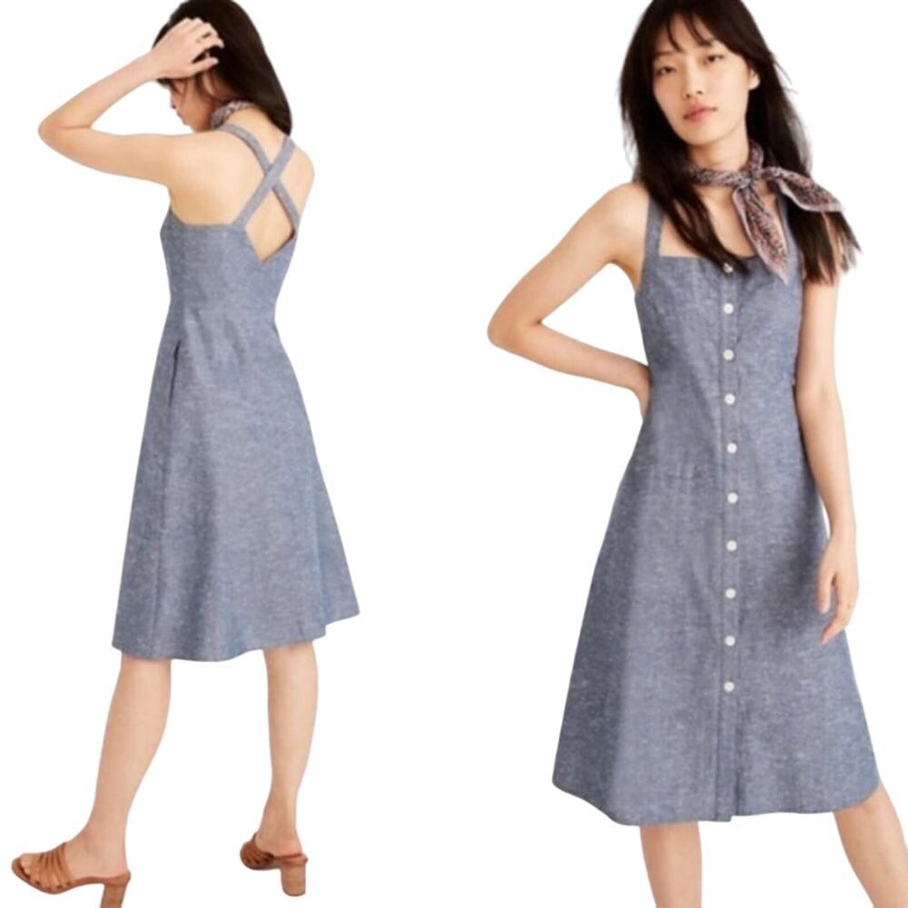 Madewell Dress Cotton Chambray Blue Tank Button-Front Midi Apron 2 NWT